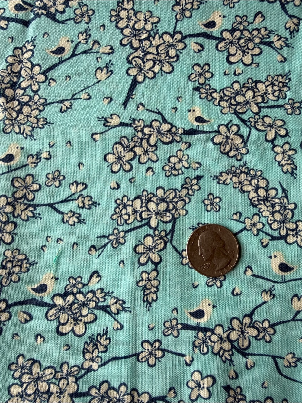 Aqua Floral Cotton Fabric with Birds